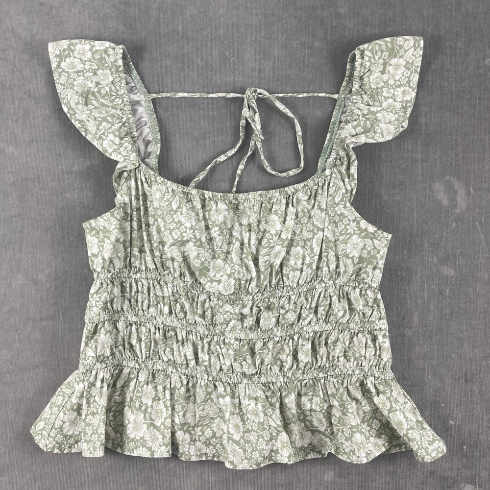 Altar'd State Womens Sage Green White Floral Smocked Peplum Top Flutter Sleeve
